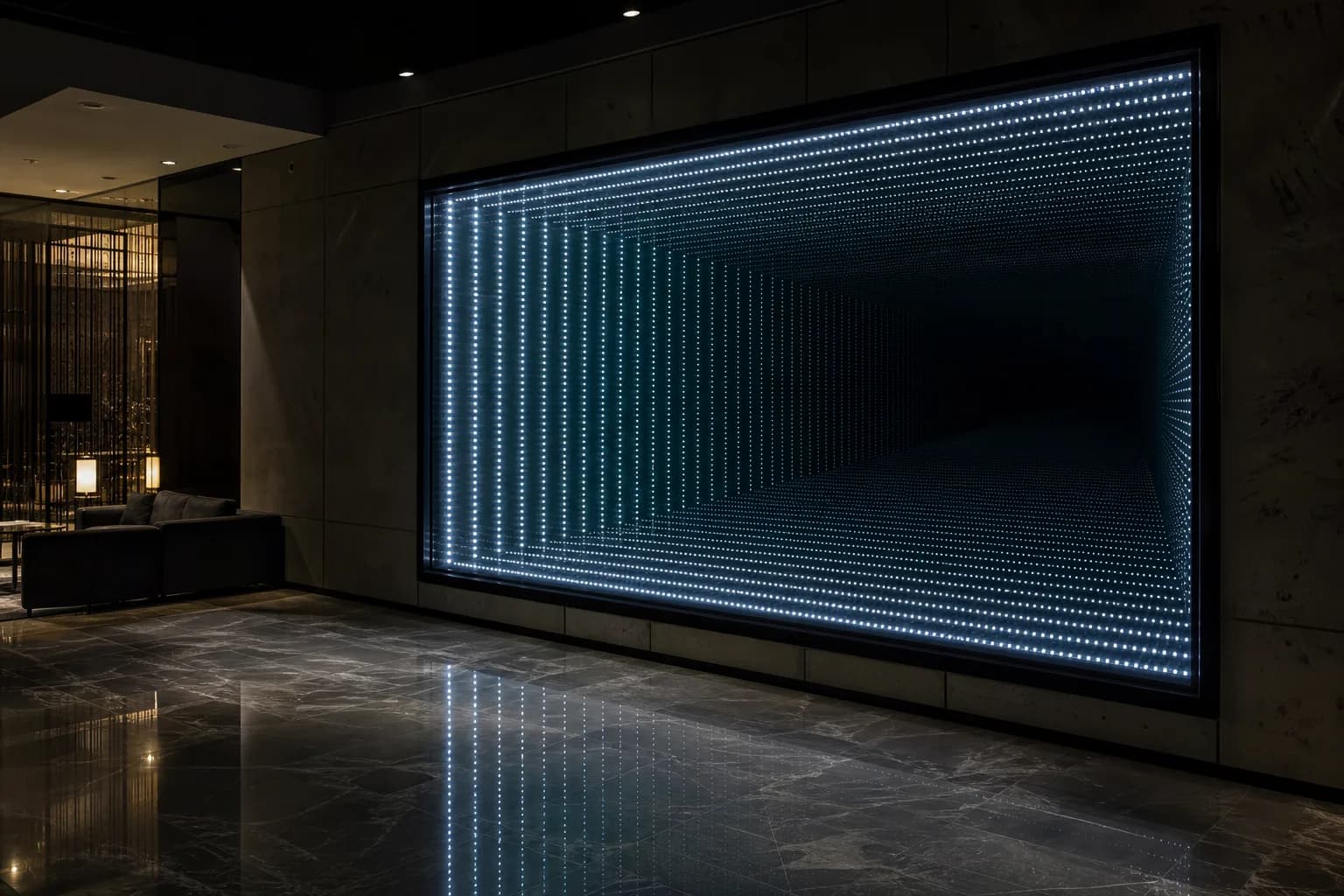 Custom infinity mirror feature wall with an endless tunnel of light
