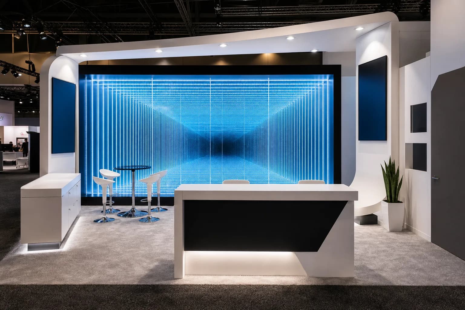 Trade show booth with an infinity mirror focal wall drawing attendees in