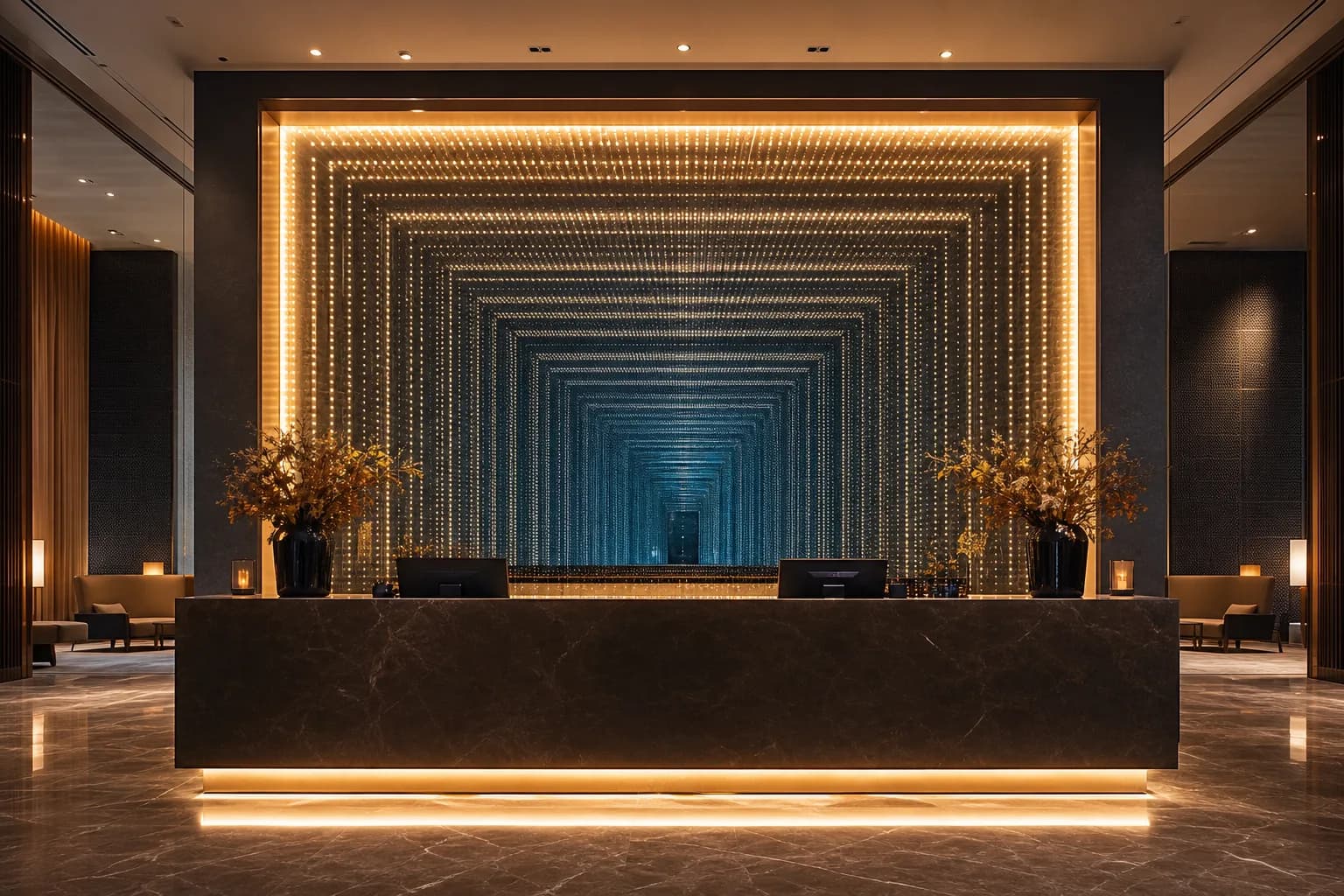 Large multi-panel infinity mirror feature wall behind a hotel reception desk